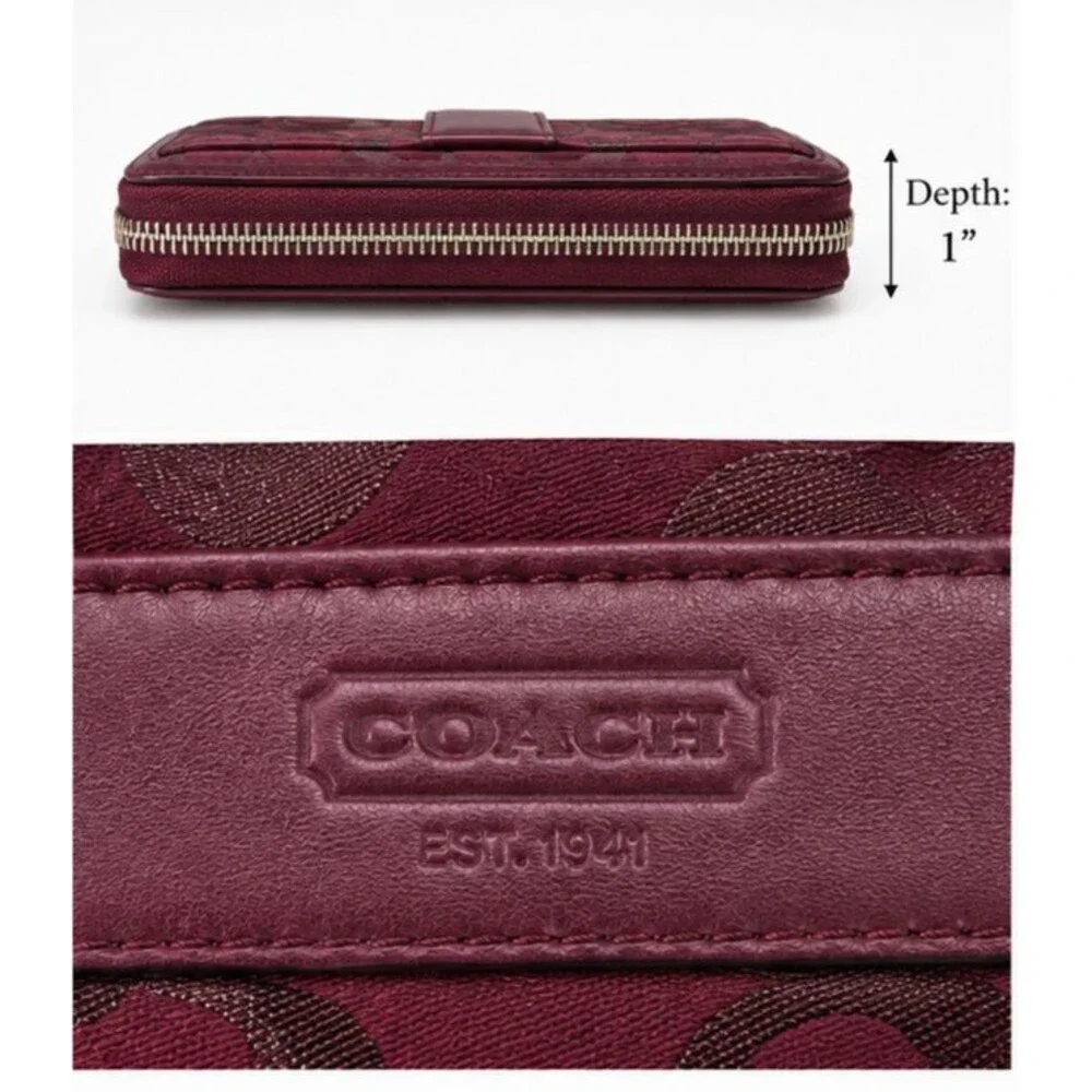 Coach Campbell Signature Metallic Buckle Accordion Zip Wallet in Bordeaux